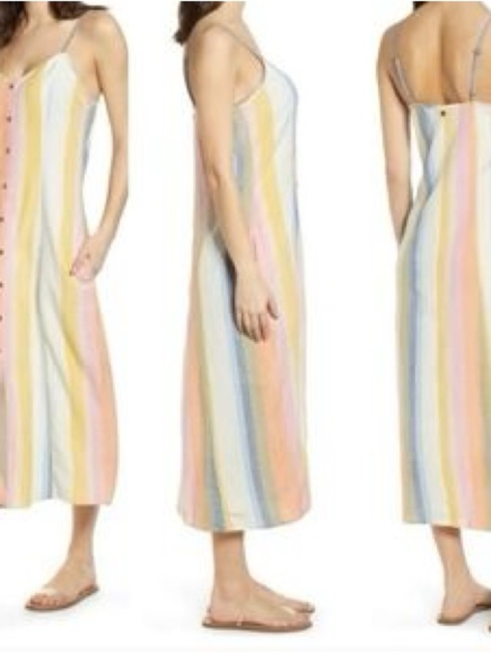 Billabong Lucky Us Striped Midi Dress Pastel Button Front Pockets Size Small - Picture 14 of 14